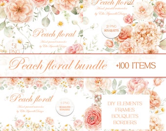 Peach flower clipart bundle real watercolor blush flowers image files watercolour floral borders seamless design pale orange floral frames