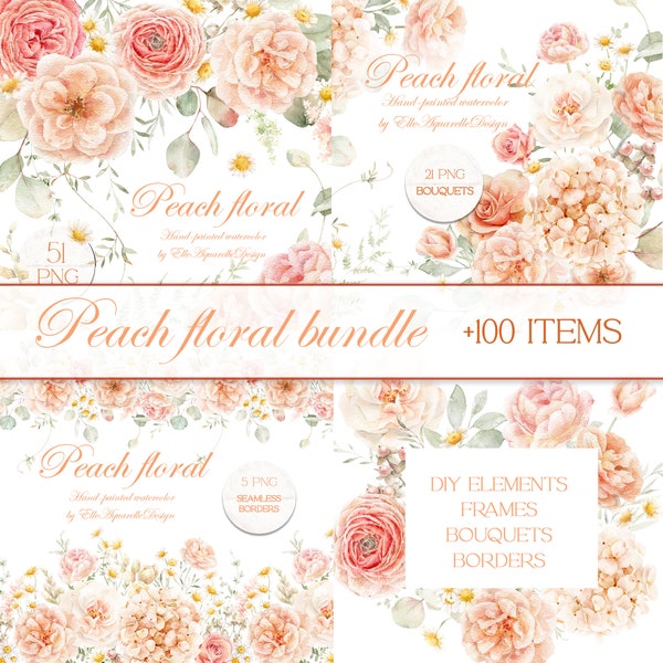 Paquete de imágenes prediseñadas florales de melocotón, imágenes prediseñadas de flores de rubor de acuarela, imágenes prediseñadas de rosas de melocotón de acuarela, bordes florales png, uso comercial gratuito