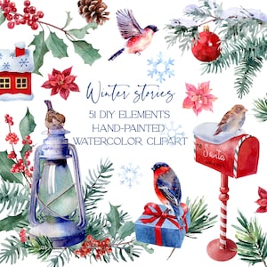 Clipart Noël aquarelle, clipart oiseaux d'hiver, png Noël, clipart hiver aquarelle, éléments bricolage moineau bouvreuil rouge bleu