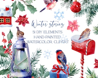Watercolor Christmas clipart winter birds watercolour bullfinch sparrow DIY elements for card making