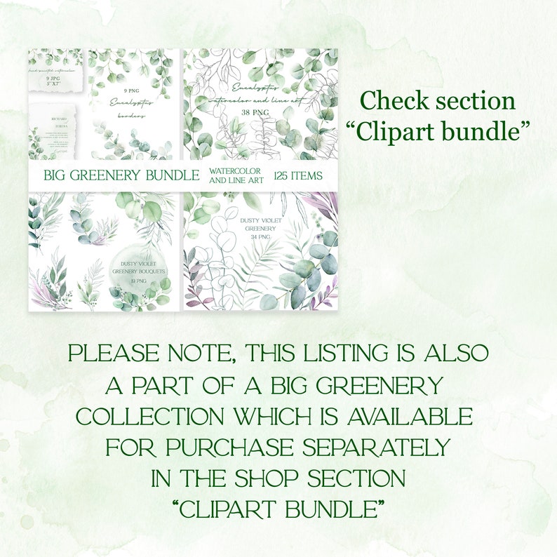 May include: A digital illustration of a greenery bundle with watercolor and line art elements. The bundle includes 125 items and is available for purchase separately in the "Clipart Bundle" section of the shop.