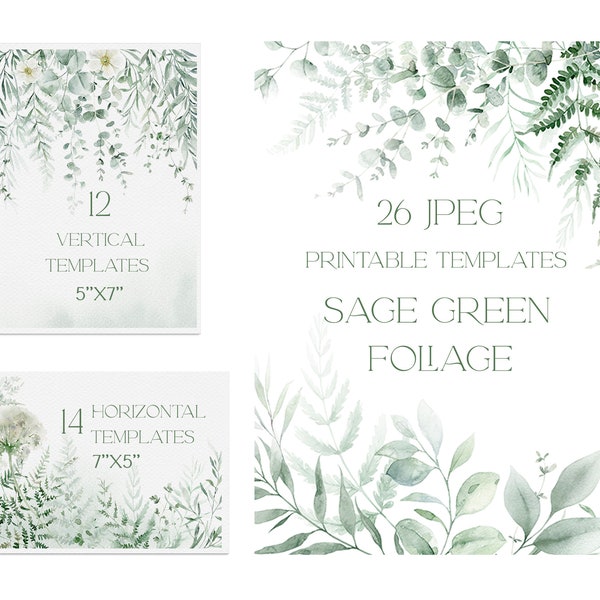 Watercolor eucalyptus border clipart, sage green wedding printable template, digital card, eukalyptus frame watercolor foliage