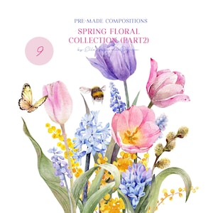 Watercolor spring flowers clipart, tulips clip art, watercolor pink flowers arrangements, spring floral graphics