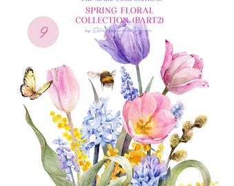 Watercolor spring flowers clipart, tulips clip art, watercolor pink flowers arrangements, spring floral graphics