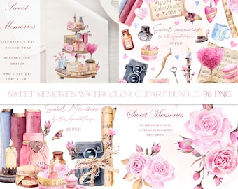 Clipart vintage pintado a mano en acuarela para crear tarjetas de San Valentín, imágenes gráficas, clipart del Día de San Valentín, archivos digitales de boda romántica png