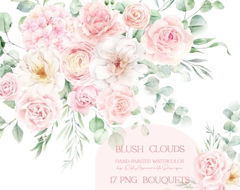 Watercolor pink flower clipart, floral clipart, blush pink roses clipart, pink flowers clip art, watercolor florals png