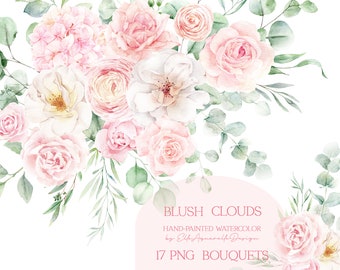 Watercolor pink flower clipart, floral clipart, blush pink roses clipart, pink flowers clip art, watercolor florals png