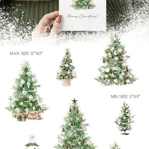 May include: A set of six watercolor illustrations of Christmas trees with various decorations, including ornaments, lights, and stars. The trees are in different sizes and styles, with some featuring a rustic aesthetic. The largest tree is 12 inches by 17 inches, while the smallest is 5 inches by 9 inches. The text "Merry Christmas!" is included on one of the illustrations.