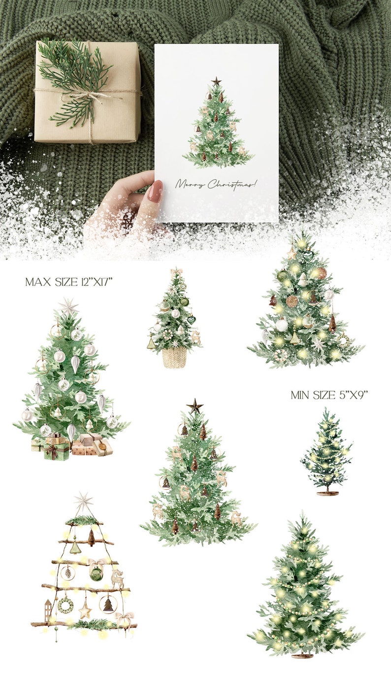 May include: A set of six watercolor illustrations of Christmas trees with various decorations, including ornaments, lights, and stars. The trees are in different sizes and styles, with some featuring a rustic aesthetic. The largest tree is 12 inches by 17 inches, while the smallest is 5 inches by 9 inches. The text "Merry Christmas!" is included on one of the illustrations.