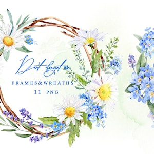 Daisy Flower Watercolor Clipart, Frame, Camomile Clipart, Floral Wreath ...