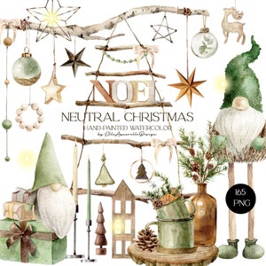 Boho kerst clipart, aquarel neutrale kerst clipart, gezellige kerst png, rustieke kerst aquarel, ornamenten clipart, hygge