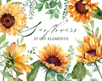 Hand painted watercolor sunflowers clipart card making sunflower elements wedding invitation yellow flowers floral digital resources