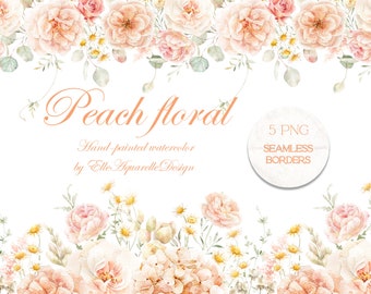 Bordure florale aquarelle, clipart fleurs aquarelle, clipart floral pêche pêche, bordure transparente, usage commercial gratuit