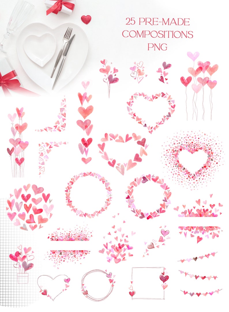 Puede incluir: 25 composiciones de corazones pre-hechas en acuarela rosa y roja. Estas ilustraciones digitales son perfectas para manualidades, tarjetas e invitaciones del D&iacute;a de San Valent&iacute;n.
