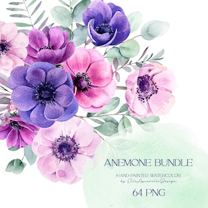 Clipart di fiori ad acquerello, clipart di anemoni, fiori rosa e viola png, bordi, cornici, uso commerciale gratuito
