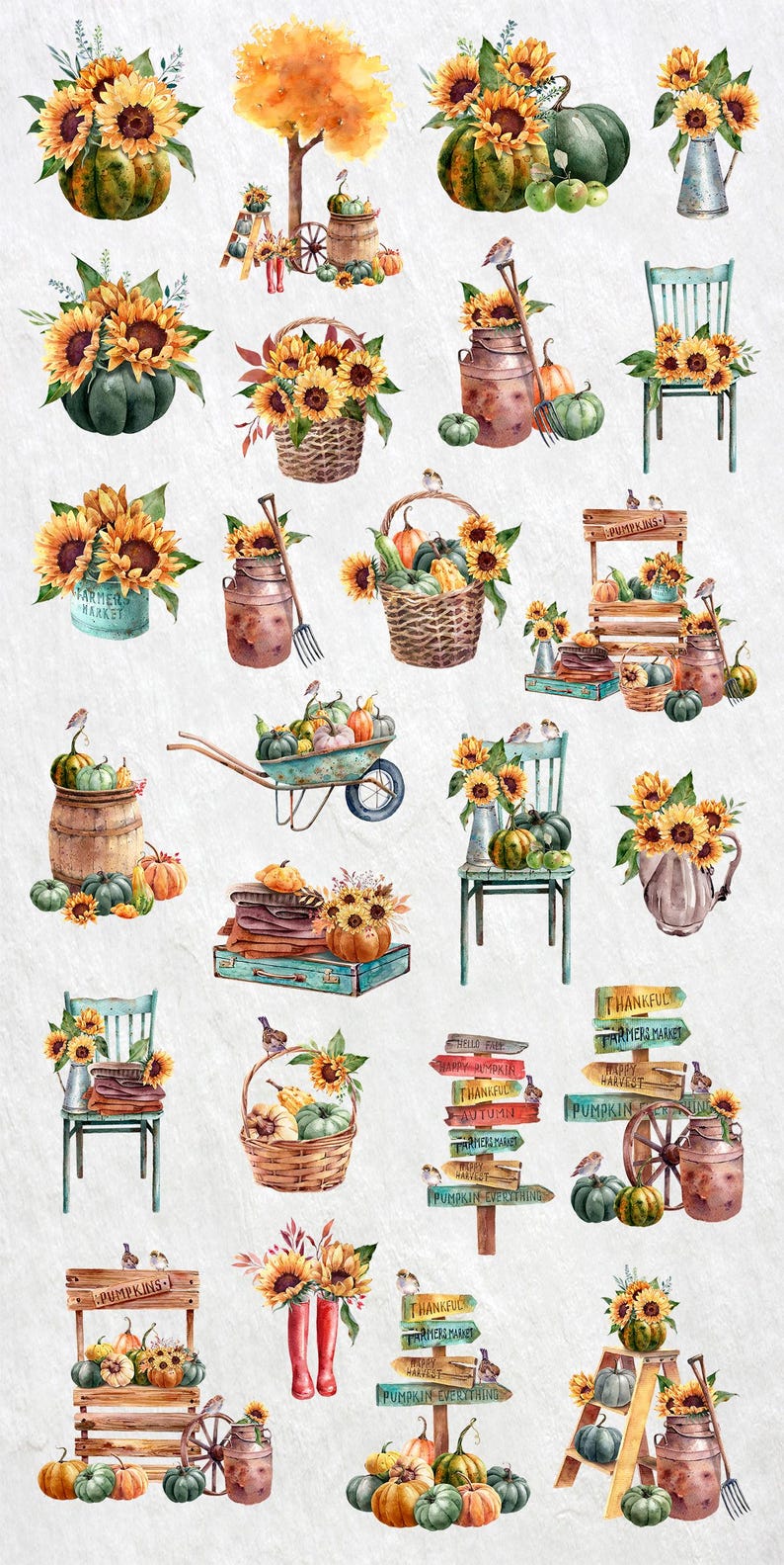 Fall Watercolor Clipart | Hand-painted Autumn Harvest PNG | Pumpkin ...