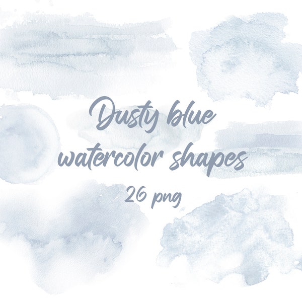 Dusty blue watercolor splashes clipart, blue brush strokes, watercolor shapes, blue watercolor background, watercolor texture, light blue