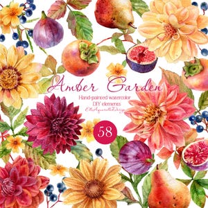 Op de afbeelding: Waterverfillustratie met diverse bloemen, vijgen, peren en kaki's. De tekst "Amber Garden" wordt weergegeven, samen met "Hand-painted watercolor DIY elements" en het nummer "58" in een roze cirkel. Het kleurenpalet omvat tinten oranje, rood en geel.