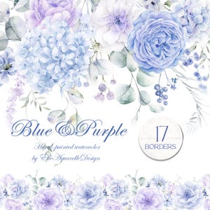 Clipart de flores azuis, borda floral em aquarela, clipart de flores azuis e roxas, bordas perfeitas em aquarela para fazer cartões, imagens gráficas