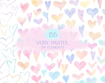 Imágenes prediseñadas de corazón de San Valentín en acuarela, corazones pastel png, imágenes prediseñadas del día de San Valentín, creación de tarjetas, gráficos de acuarela