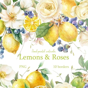Puede incluir: Ilustración en acuarela con limones, rosas blancas, arándanos y hojas verdes. La imagen incluye el texto "Lemons & Roses" y "Hand-painted watercolor". El diseño también incluye el texto "PNG" y "10 borders".