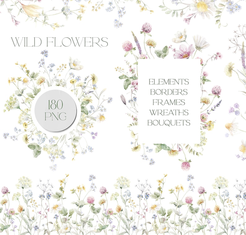 May include: A collection of 180 watercolor illustrations of wild flowers, including borders, frames, wreaths, and bouquets. The illustrations are in shades of pink, yellow, blue, and green.