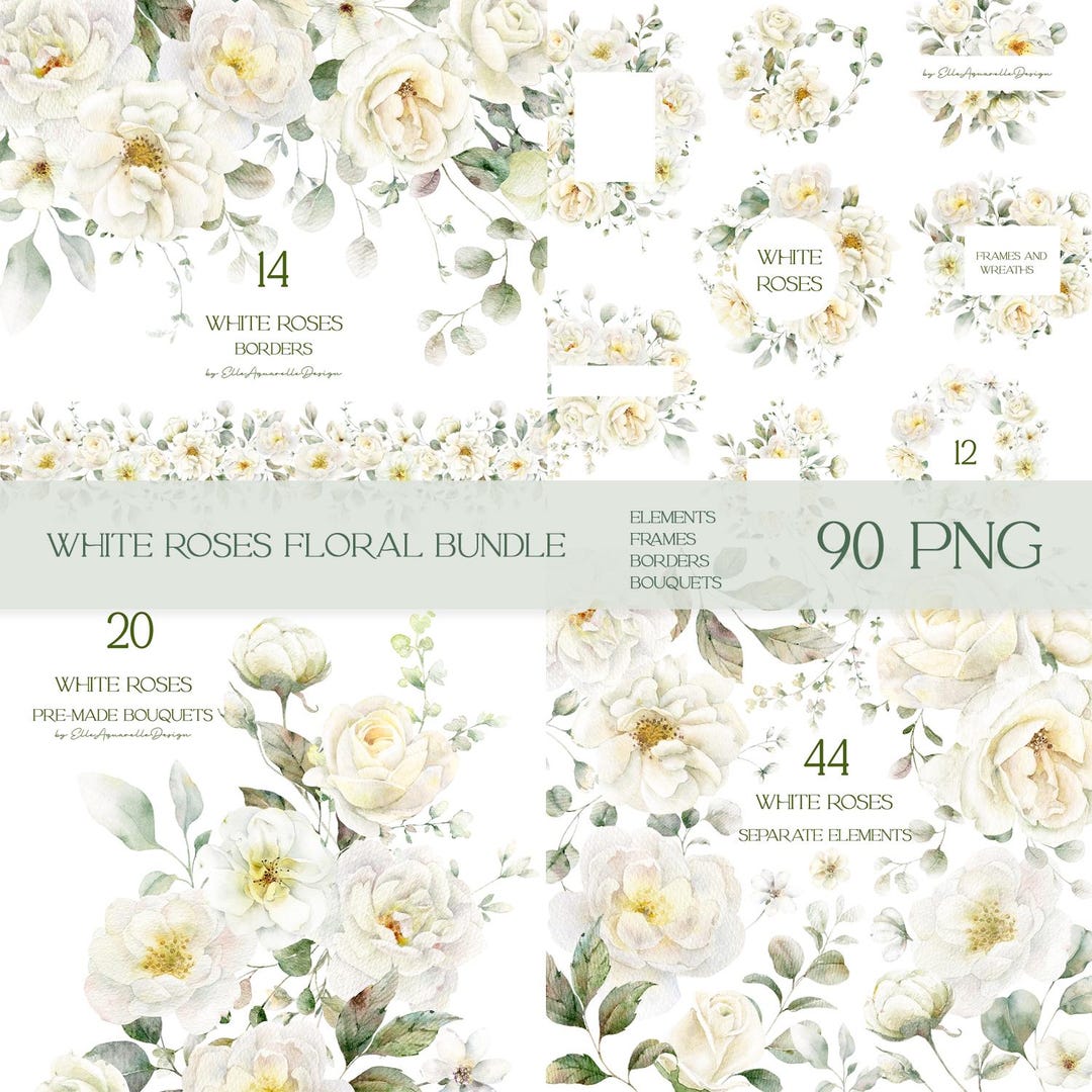 White Roses Watercolor Clipart Bundle, Watercolour Floral Borders ...