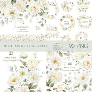 Bundle de cliparts aquarelle roses blanches, bordures florales aquarelles, arrangements, clipart cadre fleurs ivoire, image graphique numérique png thumbnail
