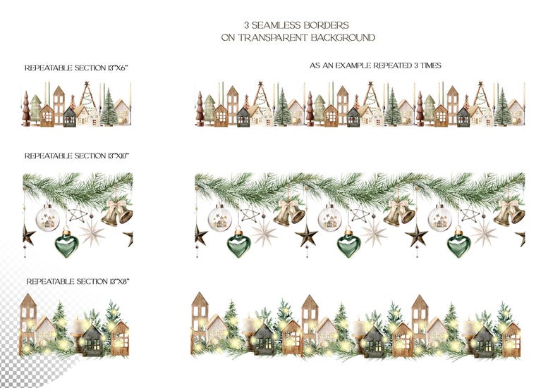 May include: Three seamless Christmas border designs featuring a winter village, pine branches with ornaments and bells, and a winter village with lights. Each design is on a transparent background.