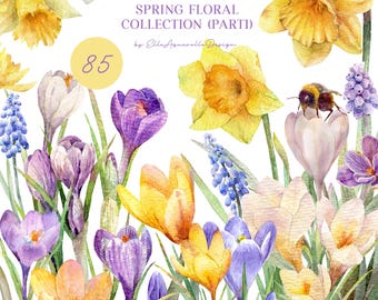 Spring flower clipart, watercolor daffodils, crocuses, digital watercolor flowers, yellow and purple floral graphics, individual elements