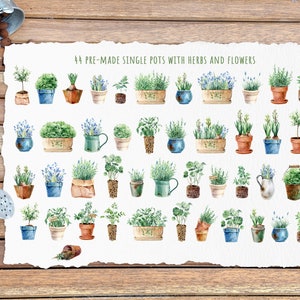 Watercolor potted plants clipart, gardening watercolour for stickers, sublimation design, herbs and flowers png