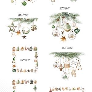 May include: A set of eight digital clipart images featuring watercolor illustrations of Christmas ornaments, stars, and other festive decorations. The images are on a transparent background and are sized from 9.2 inches by 13.6 inches to 16 inches by 12.2 inches.