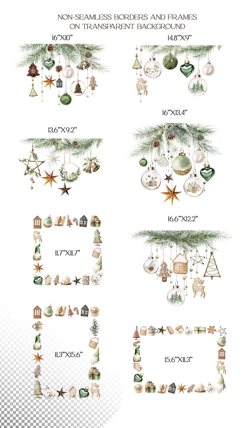 May include: A set of eight digital clipart images featuring watercolor illustrations of Christmas ornaments, stars, and other festive decorations. The images are on a transparent background and are sized from 9.2 inches by 13.6 inches to 16 inches by 12.2 inches.