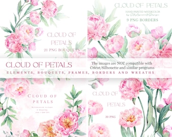 May include: A digital download of watercolor illustrations of pink peonies. The illustrations include bouquets, borders, frames, and wreaths. The images are not compatible with Cricut/Silhouette and similar programs.  The text "Cloud of Petals" appears in the image.