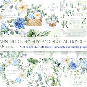Wintergroen clipartbundel, aquarel bloemen clipart, blauwe bloemenrand, blauwe rozen clipart, botanisch alfabet, winter gebladerte png