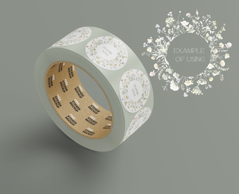 May include: A roll of sticker labels with a floral design and the text "Thank You!" printed on them. The roll is on a gray background with a floral wreath around the text "Example of Using".