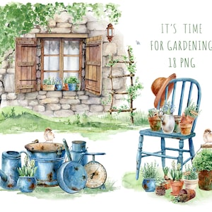 Peint à la main aquarelle jardinage clipart ferme rustique plantes et herbes aquarelle outils de jardin fichiers image imprimable téléchargement immédiat