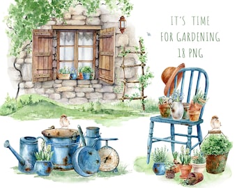 Hand painted watercolor gardening clipart rustic farmhouse plants and herbs watercolour garden tools printable image files instant download