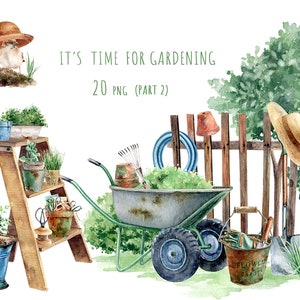 Imágenes prediseñadas de jardinería en acuarela, imágenes prediseñadas de casa de campo rústica, imágenes prediseñadas de jardín de primavera, imágenes prediseñadas de plantas y hierbas, herramientas de jardinería en acuarela