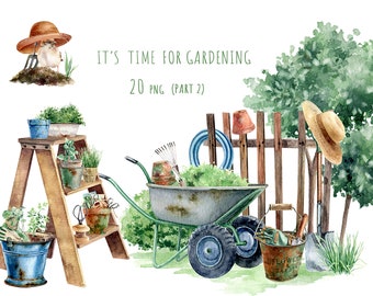 Watercolor gardening clipart, rustic farmhouse clip art, spring garden clipart, plants and herbs png, watercolour garden tools