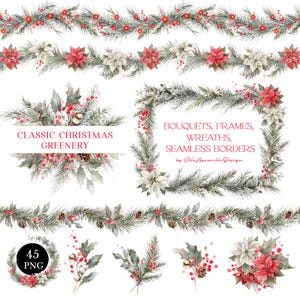 Clipart aquarelle verdure de Noël, cadres de Noël, bordures sans couture, clipart aquarelle branche de pin, clipart houx jolly poinsettia