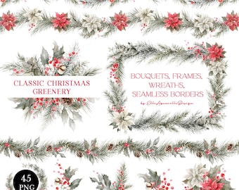 Watercolor Christmas greenery clipart, Christmas frames, seamless borders, pine branch watercolour clip art, poinsettia holly jolly clipart