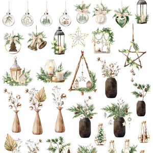 May include: A set of 50 watercolor illustrations featuring Christmas ornaments, wreaths, candles, lanterns, stars, and trees. The illustrations are on a transparent background and are perfect for creating holiday cards, invitations, and other festive designs.
