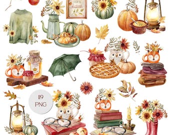 May include: Watercolor illustration of autumn-themed items. Includes pumpkins, sunflowers, a sweater, a teapot, a pie, a lantern, a mug, books, and an umbrella. The text "My Favourite Color is Autumn" is on a framed sign. The image has a warm, inviting feel.