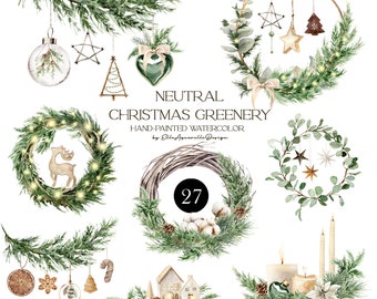 Watercolor Christmas greenery clipart, winter green ornaments clip art, pine wreath, neutral boho Xmas digital image files