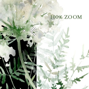 May include: Watercolor painting of green foliage with a white flower in the background. The painting has a soft, ethereal feel and is perfect for adding a touch of nature to any space.