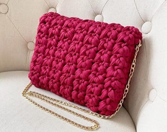 Burgundy Crochet Clutch Bag with Gold Chain