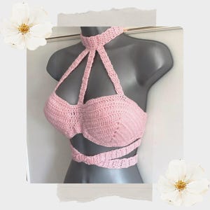 Shiny Pink Crochet Halter Top: Multiway Tie Festival Crop Top