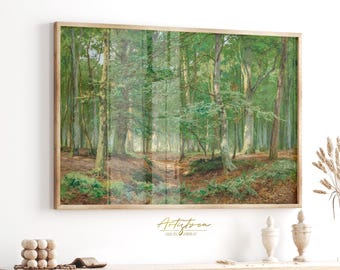 Green FOREST Print, Vintage Painting, Digital Wall Art, TREES Cottage Decor, Green Woodland, Living Room Poster, Instant DOWNLOAD Art, 301