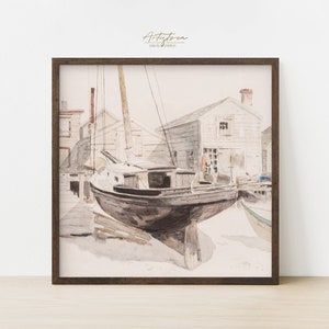 BOATS WATERCOLOR Digital Square Wall Art PRINT, Country Home Cottage Vintage Decor Poster, Colorful Farmhouse Art Gift Instant Download, 254